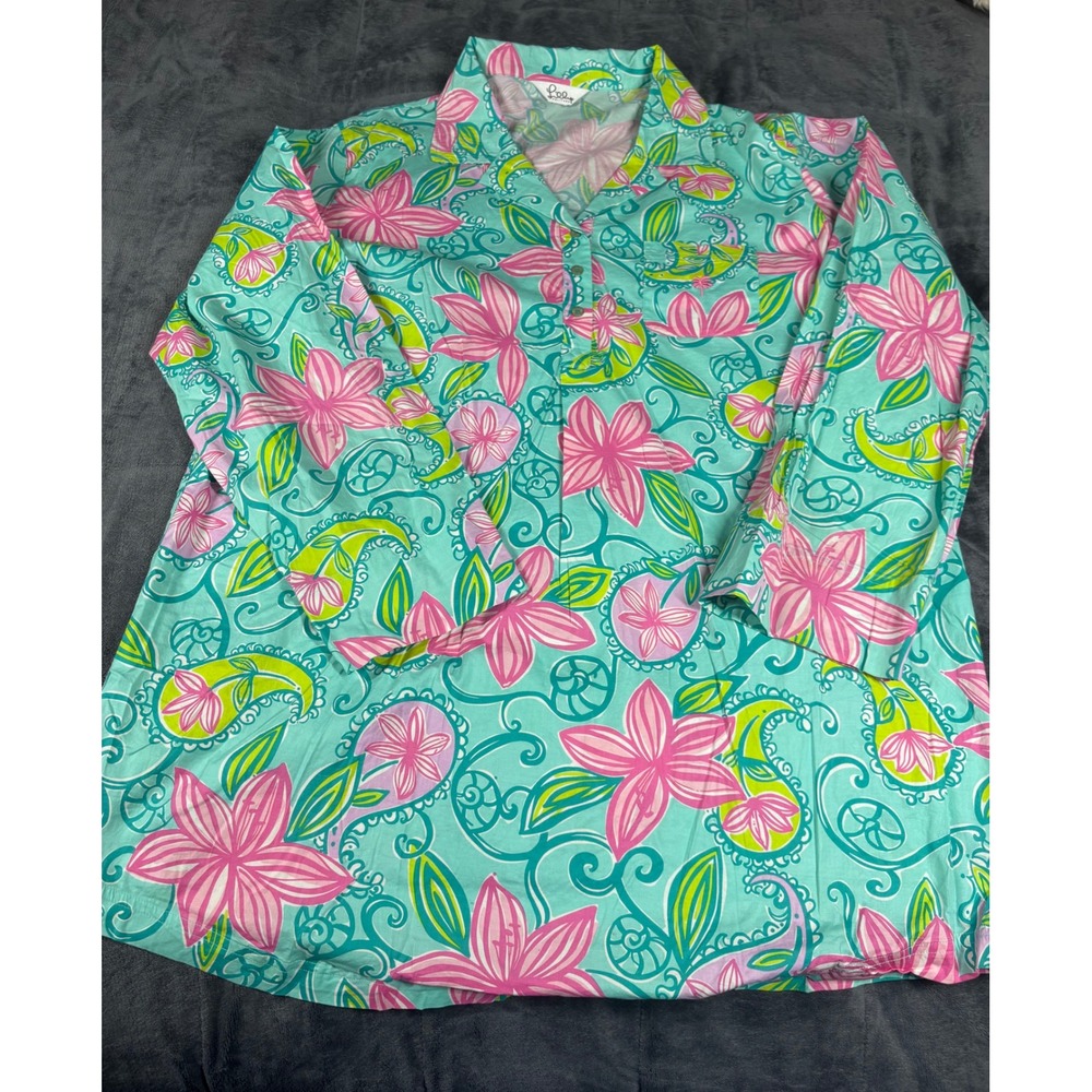Lilly Pulitzer Womens Floral Paisley Tunic Top Turquoise Pink Green Cotton 6548